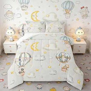 Manfei Hot Air Balloon Kids Comforter Set Twin Size,Cartoon Red Panda Bear Cute Animals Bedding Set,Boys Girls Room Decor,Moon Starry Sky Clouds Down Comforter,Blue Grey Duvet Insert,1 Pillowcase