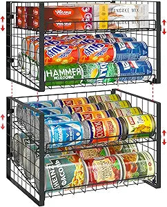 JKsmart 2-Tier Stackable Can Rack Organizer for Pantry, Adjustable Can Dispenser & Large Capacity Storage Holder for Various Ounces of Canned Food Soda Drinks, Black, 2 Pack