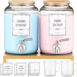 Laundry Detergent Dispenser. 0.9 Gallon Glass Laundry Soap Liquid Laundry Detergent Dispense. Fabric Softener Dispenser With Stand and Bamboo Lid. Laundry Room Organization and Storage