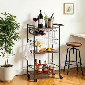 VEVOR Bar Cart with Wheels, Small Narrow 3-Tier Rolling Serving Cart, 20.08-Inch Beverage Station with Wine Rack, Glass Holder and S Hooks for Small Spaces, Rustic Brown and Black
