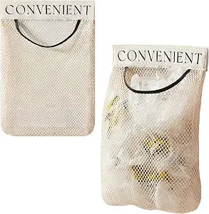 2 Pack Trash Bag Holder Dispenser Sticky Wall Mount Mesh Convenient Storage Organizer for Home Kitchen Grocery Plastic Shopping Garbage Bags Reusable Produce Tote Bag