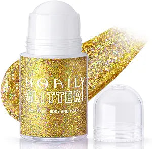 HOSAILY Roll-on Holographic Body Glitter Gel for Face Hair, Chameleon Color Changing Glitter Gel Under Light, Chunky Mermaid Sequins Festival Party Rave Accessories Shimmer Makeup (Gold)