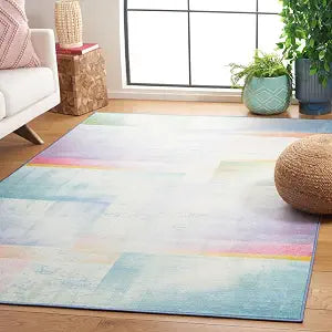 SAFAVIEH Washable Rug Paint Brush Collection - 3'3" x 5'3", Blue & Green, Slip Resistant & Easy to Clean, Ideal for Living Room, Bedroom, Nursery, Kids Playroom, Dining Space (PTB188M)