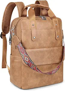 SYTRAH Leather Laptop Backpack 15.6 inch Womens Computer Bag Camel