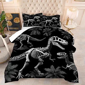 Black and White Dinosaur Comforter Set, Twin Size Dino Skeleton Bedding Set for Boys Kids Teens Adults, Jungle Animals Quilt Duvet Bed Set, Wild Bedroom Decor 1 Comforter & 1 Pillowcases
