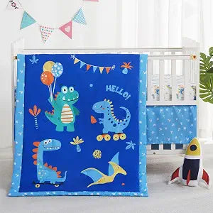 lasoftan 3 Piece Baby Crib Bedding Set, Infant Nursery Bed Set Decor with Quilt + Fitted Crib Sheet + Skirt, Baby Bedding Set Breathable and Soft for Baby Boy and Girl - Blue Dinosaur
