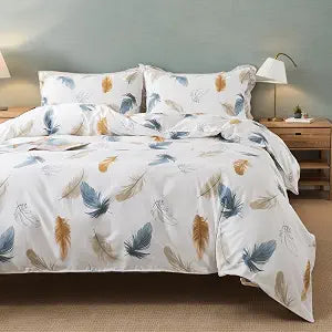 Lemfux Duvet Cover Set Queen Size 3 Pieces Cotton Feather Print White Duvet Cover Set, Colorful Plume Pattern Modern Comforter Cover Set 1 Duvet Cover 88"x88", 2 Pillowcases 19"x29"
