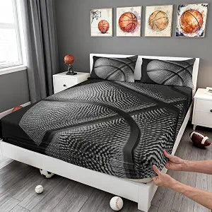Black Basketball Games Fitted Sheet, Full Size 3D Sports Collections Basketball Gaming Theme, Soft Decorative Fabric Bedding Deep Pocket for Children Teens Young Boys Girls, with 2 Pillowcases