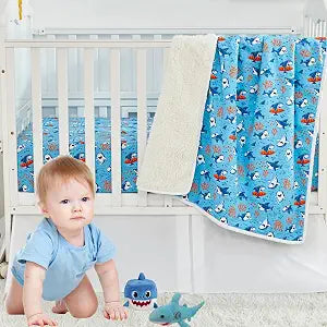 Brandream Ocean Crib Bedding Sets for Boys Or Girls 100% Cotton Sea Fish Coral Shark Whale Print Baby Nursery Blanket Set 3 Pieces, Blue Navy White