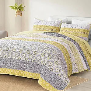 WONGS BEDDING Boho Quilt Set Queen���3 Pcs Yellow Floral Striped Bedspread