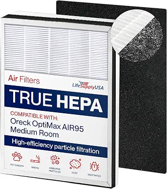 True HEPA Air Cleaner Filter Replacement Kit + 1 Odor Carbon Filters Compatible with Oreck OptiMax AIR95 Medium Room Air Cleaner by LifeSupplyUSA