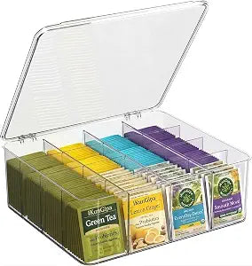 Tea Bag Organizer With Lid - XXL Clear Tea Box for Tea Bags Storage