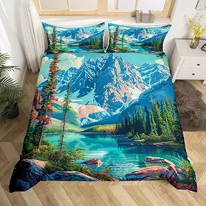Camping Bedding Set Twin Size,Lake House Woodland Duvet Cover Set Kids Teens Adults Room Decor,Nature Scenery Mountain Comforter Cover 2Pcs,Adventure Theme Microfiber Bedspreads Cover,1 Pillowcase