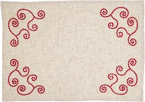 SARO LIFESTYLE Embroidered Scroll Linen Blend Placemats (Set of 4) - Decorative Farmhouse Placemats with Corner Embroidery for Everyday Dining, Kitchen Tables and Casual Entertaining, 14"x20", Red
