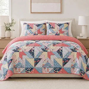 Soul & Lane - Colorful Boho Floral Patchwork Quilt Set, Twin with 1 Sham