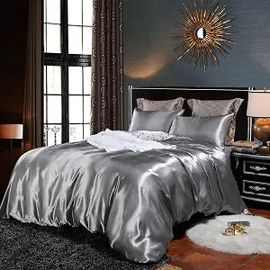 Erosebridal Hotel Grey Duvet Cover King Silk Like Satin Bedding Set Summer Reversible Quilt Comforter Cover Honeymoon Luxury Soft Lightweight Brushed Bedspreads for Farmhouse Room Decor