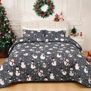 Invoibler Christmas Quilt Set Queen Size 3 Piece Snowman Snowflake Bedding Set Reversible Winter Snow Grey Plaid Holiday Quilt Xmas Bedspread Coverlet (1 Quilt, 2 Pillow Shams)