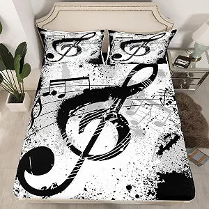 Music Notes Fitted Sheet & Pillow Sham Set Rock Music Themed Bedding Set Musical Pattern Bed Sheet Set for Kids Adults Grunge Design Bed Cover Soft Black White Room Decor Twin Size (No Flat Sheet)