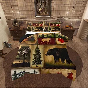 Rustic Farmhouse Bedding Comforter Sets Queen, Country Cabin Lodge Bedding Set, Hunting Bear Wildlife Comforter for Bedroom, Maple Leaves Duvet Insert, Woodland Rustic Bedding All Season, Red Brown