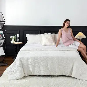 COTTEBED Reversible Chenille Cotton Twin Size Comforter Sets, Luxury Textured Stripe Soft Bedding Comforter Modern for Kid Child Teen Boy College Dorm,Lightweight All Season(White,Twin/Twin XL)