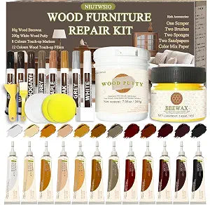 Wood Furniture Repair Kit Set of 34 with Putty, Beewax, Fillers & Markers