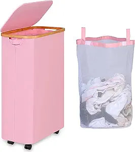 IEGrow Laundry Hamper with Wheels, 75L Laundry Basket with Bag,Pink