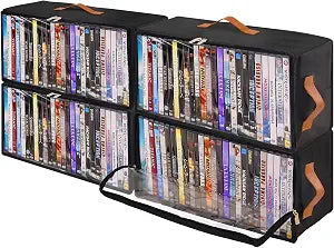 4 Pack DVD Storage Box, Stackable Oxford Fabric DVD Cases Holder with Front Zippered Clear Window and Handles, 15.7 x 7.9 x 6.1 In, Foldable DVD Organizer Rack, Holds Up to 100 DVDs (25 Each)