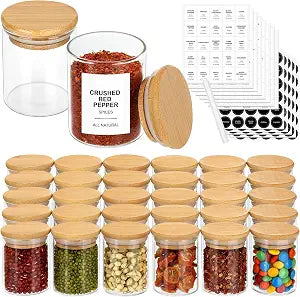EgticHome 4OZ Glass Spice Jars with Bamboo Lids and 315 Labels, 32 Pcs Clear Food Storage Containers for Kitchen Sugar Salt Coffee Tea Beans
