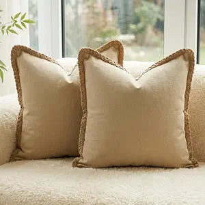Farmhouse Brown Pillow Covers 18x18, Fall Outdoor Pillows with Linen Trim