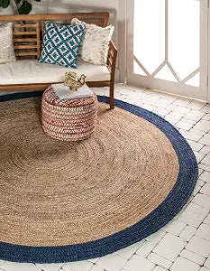 Unique Loom Braided Jute Collection Classic Quality Made Natural Hand Woven with Solid Color Detail Area Rug (3' 3 x 3' 3 Round, Natural/ Navy Blue)