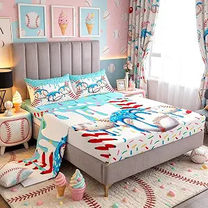Castle Fairy Baseball Cream Bed Sheet Set Full for Youth Boys Bedroom Decor,Sport Ice Cream Fitted Sheet,Red White Ball Texture Bedding Sets 4Pcs (1 Fitted Sheet+1 Flat Sheet+2 Pillowcases)