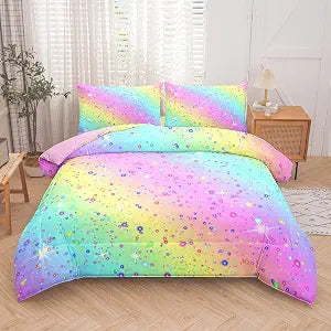 MWMWMW 5 Pcs Twin Comforter Set for Girls, Gradient Glitter Rainbow Bedding Twin, Kids Comforter Set for Girls, Tie Dye Bed in a Bag with 1 Comforter, 1 Flat Sheet, 1 Fitted Sheet and 2 Pillowcases