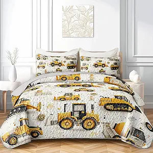 Cartoon Excavator Construction Quilts Bedding Twin 3Pcs Yellow Vehicles Bulldozer Tractor Quilt Bed Set Lightweight Bedspread Coverlet with 2 Pillowcases for Kid Boy Girl Teen Adult Bed Decor