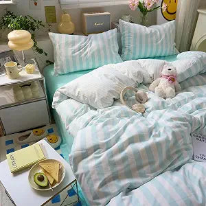 LifeTB Turquoise Blue Striped Duvet Cover Set Full Size, 3 Pieces Teal Blue White Stripes Pattern Printed Comforter Cover, Breathable Soft Microfiber Duvet Cover Farmhouse Striped Bedding Set Full