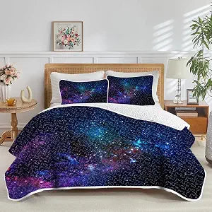 kxry Blue Purple 3D Galaxy Quilt Set Twin Size Bedspreads Soft Quilt Bedding Set Lightweight Coverlet for All Seasons Thin Comforter Bed Cover (1 Quilt and 1 Pillow Sham)