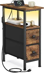 SONGMICS Side Table with LED Light, Narrow End Table with 2 Fabric Drawers
