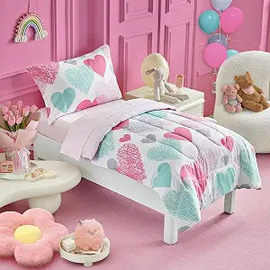 Kids Comforter Sheet Set - Soft and Breathable Bed Set Includes Quilted Comforter, Fitted Sheet, Flat Top Sheet, Pillowcase and Toddler Pillowcase - 4 Pieces Toddler Bedding Set White Pink Heart