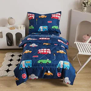 Caressma Navy Toddler Bedding Set, 4 Pieces Boys Comforter with Car Print