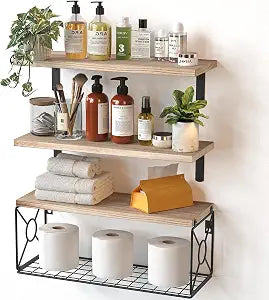 Amada Bathroom Shelves with Storage Basket, Set of 3, Natural Wood