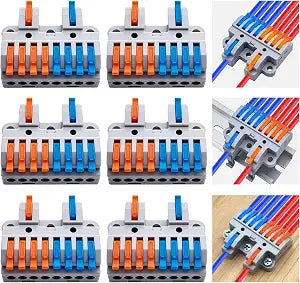 CESFONJER 2-in-8-out Compact Terminal Blocks (6 Sets), Lever Wire Splicing Connectors, 2 Input 8 Output, DIN Rail & Screw Fix, 28-12AWG, Includes Mounts & Screws