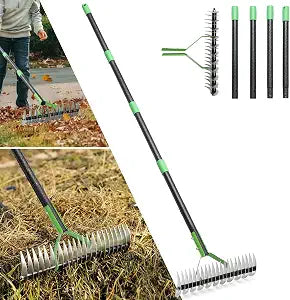 Thatch Rake, 13" Wide Efficient Dethatcher Rake with 70" Adjustable Long Handle, Heavy Duty Steel Metal Dethatching Rakes for Cleaning Dead Grass, Loosening Soil, Lawn Care in Yard Garden
