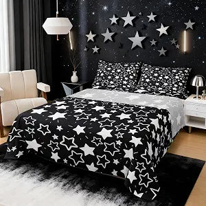 Castle Fairy Cartoon Stars Bed Sheet 4 Piece,Outer Space View Print Sheets Full Size Bed Set,Geometric Star Themed Bedding Set with Flat,Fitted Sheet,2 Pillow Cases