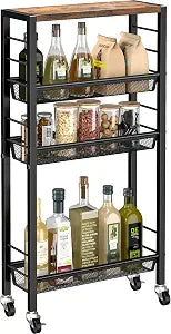 Slim Rolling Cart, 4-Tier Narrow Kitchen Storage Cart, Slim Utility Cart on Wheel, Skinny Bathroom storage cart with Wood Tabletop, 6.0" Deep, For Kitchen, Dining Room, Living Room, Laundry Room