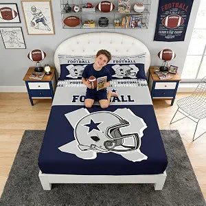 Homewish American Football Kids Fitted Sheet Twin Size,Western Texas Star Cowboy Football Sports Bedding Set,Boys Men Room Decor,Rugby Helmet Games Bed Cover,Blue Grey Bed Sheet,1 Pillowcase