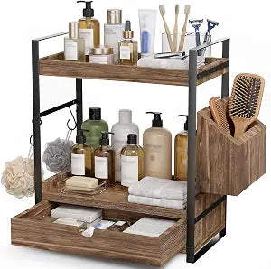 Kottwca 2-Tier Bathroom Counter Organizer with Drawer, Wooden Vanity Shelf