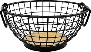 Spectrum Small Fruit Basket for Kitchen Counter, Madison Rustic Fruit Bowl with Wood Base and Black Wire, Portable Countertop Organizer with Handles for Fresh Produce Display