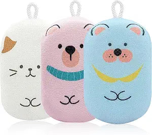 Baby and Kids Bath Loofah Sponge, Soft and Absorbent Toddler Exfoliating Body Scrubber Shower Loofa Sponge,Cute Pattern Design for Kids Baby Women Boys and Girl, 3 Pack (Bear/Dog/Cat)