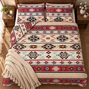 Rugs 4 Less Rustic Striped Southwestern Quilt Stitched Western Bedspread Bedding Set with Beige Brown Burgundy Turquoise Tribal Native American Patterns - Colorado (Twin)