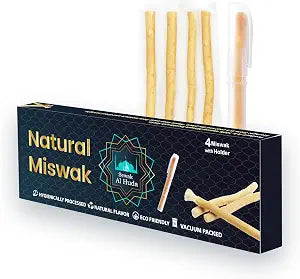 4 Pcs Miswak Sticks with Holder - Vacuum Sealed Chewing Miswak Sticks for Teeth - Natural Flavored Toothbrush for Teeth Whitening, Oral Health, and Fresh Breath || Pack of 4