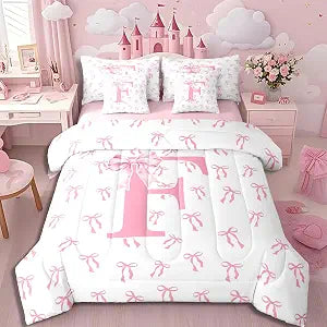 Erosebridal Initial Letter A-Z Princess Bedding Set Full Dreamy Monogram F Bow Comforter Set 7 Piece Coquette Letter Bows Bed in a Bag Watercolor Aesthetic Bowknot Quilt with Flat Fitted Sheet